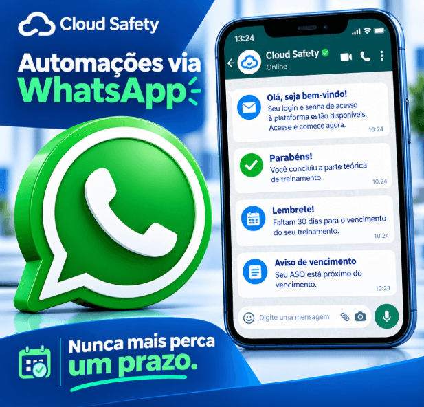 Automações via WhatsApp: avisos de acesso, conclusão de treinamento e vencimento de ASO